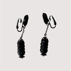 Vintage 1980s Black Crystal Earrings Clip Dangle Drop